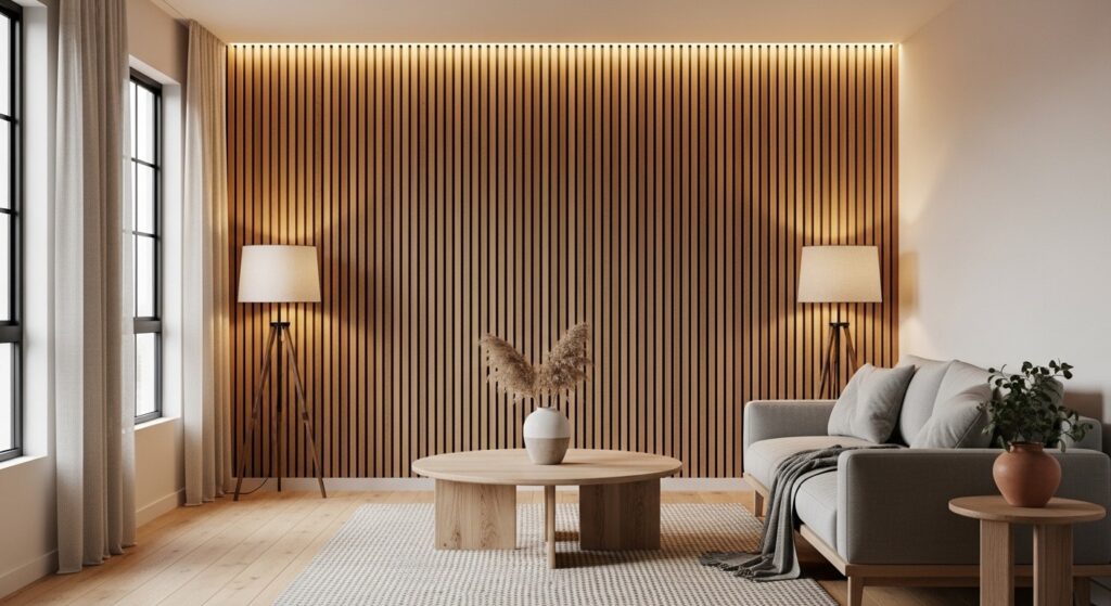 Vertical wood slat accent wall ideas with warm LED lighting, neutral sofa and round wood coffee table
