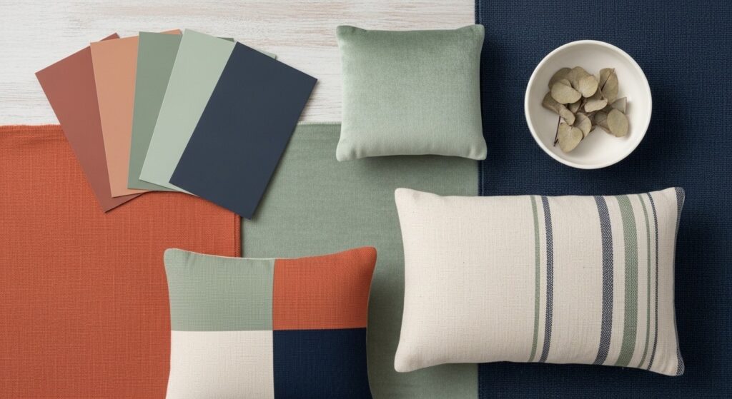 Color palette mood board with terracotta, sage, and navy swatches for living room accent wall planning