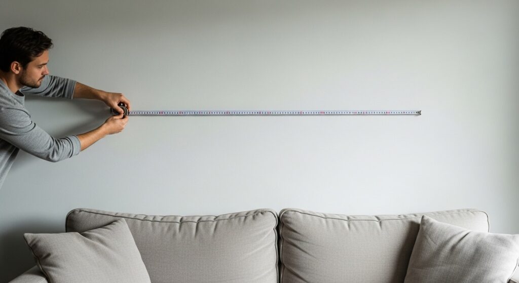 Person measuring a blank wall above a beige sofa for living room wall decor placement