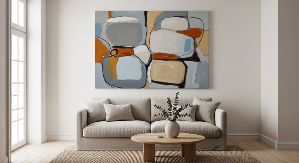 Large wall decor with abstract canvas above a cream sofa in a bright modern living room