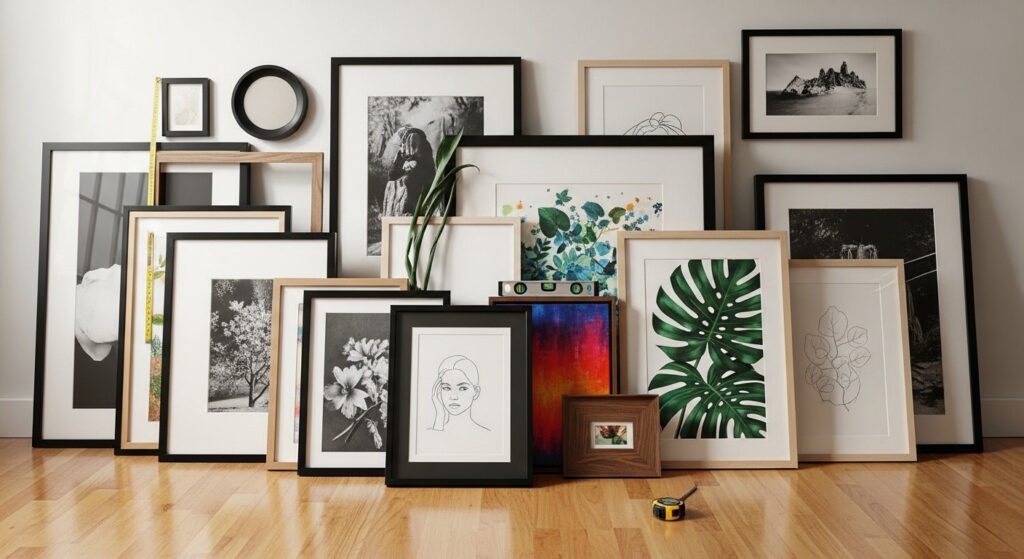 Gallery wall layout with framed prints, photos, tape measure, and level on the floor