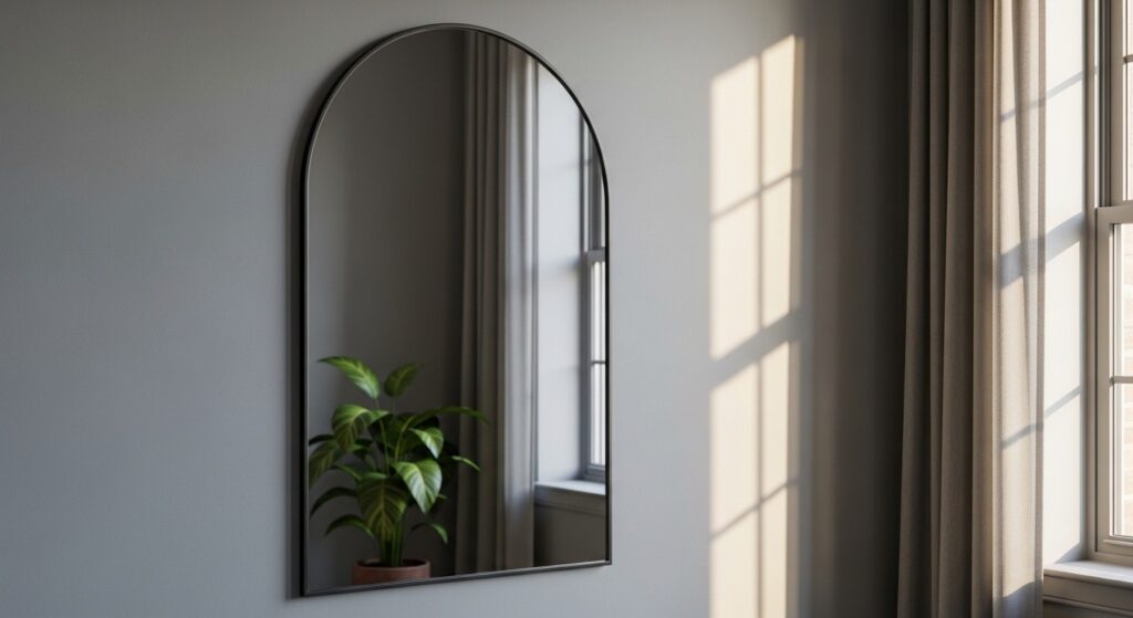 Arched black wall mirror beside a window for elegant living room wall decor