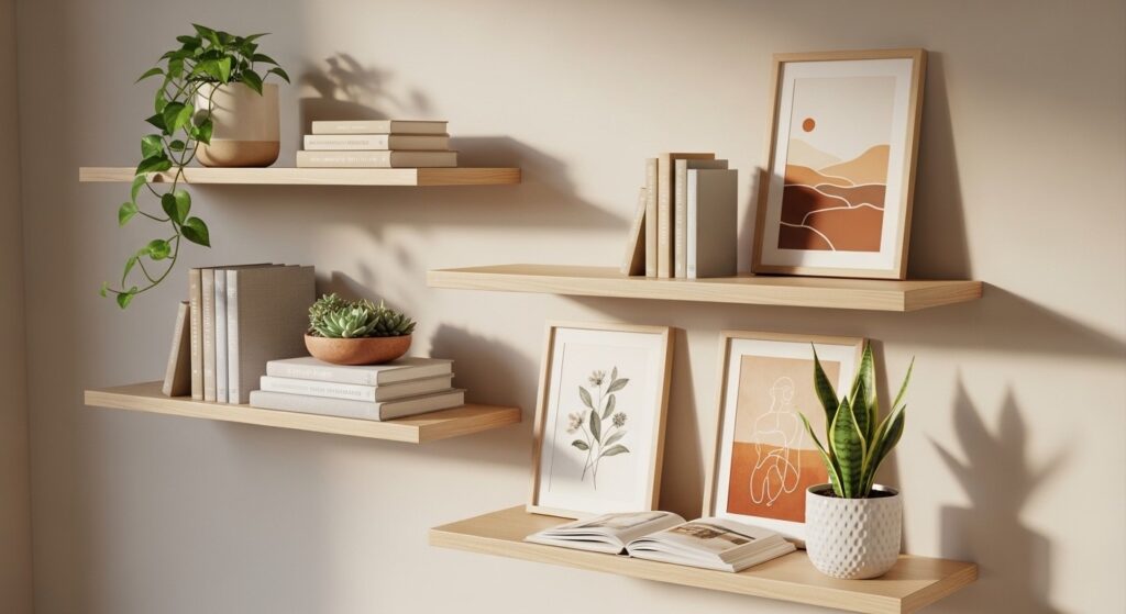 Floating wood shelves with books, framed art, and plants for practical large wall decor