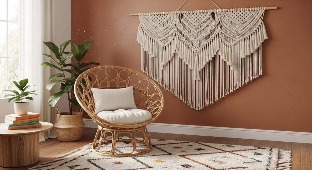 Macrame textile wall hanging above a rattan chair in a cozy boho living room

