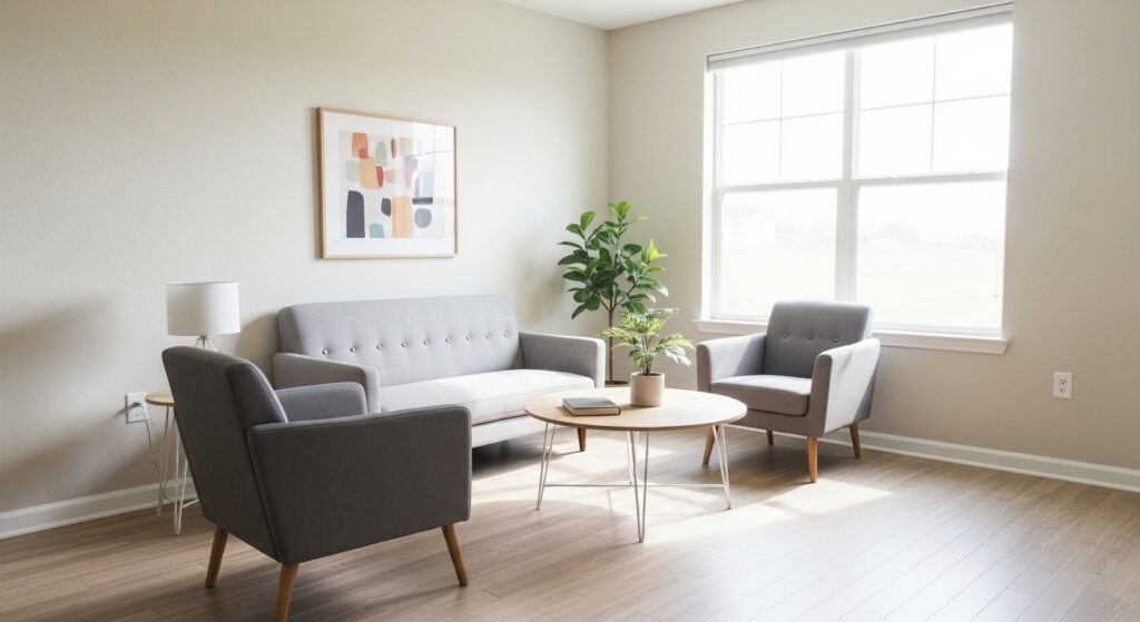 apartment-sized sofa with tapered legs in a compact living room design