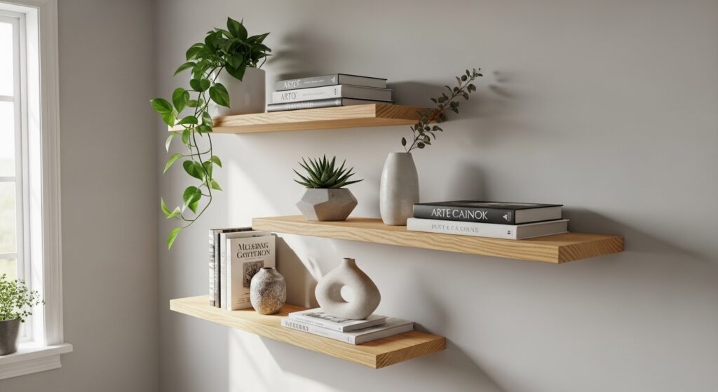 floating shelves with styled books and plants in a small living room