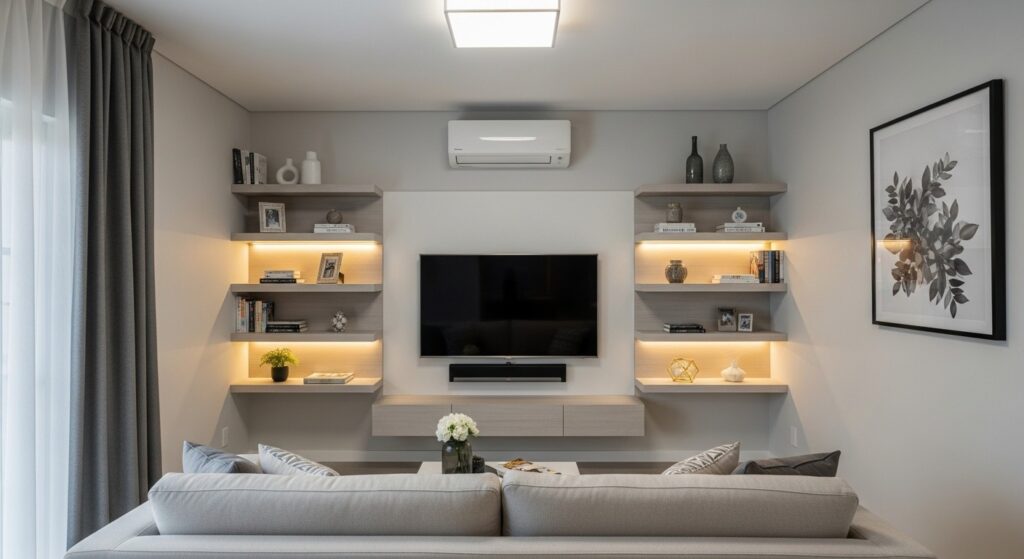 wall-mounted TV in a small living room saving floor space