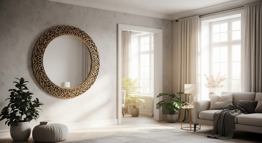 large floor mirror placed opposite a window to expand a small living room