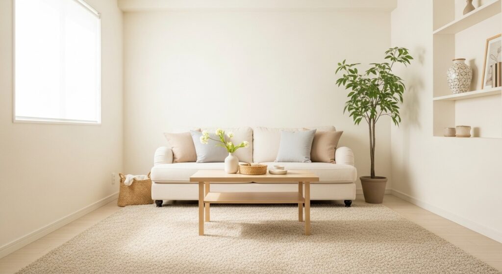 light color palette with warm white walls for tiny living room decor
