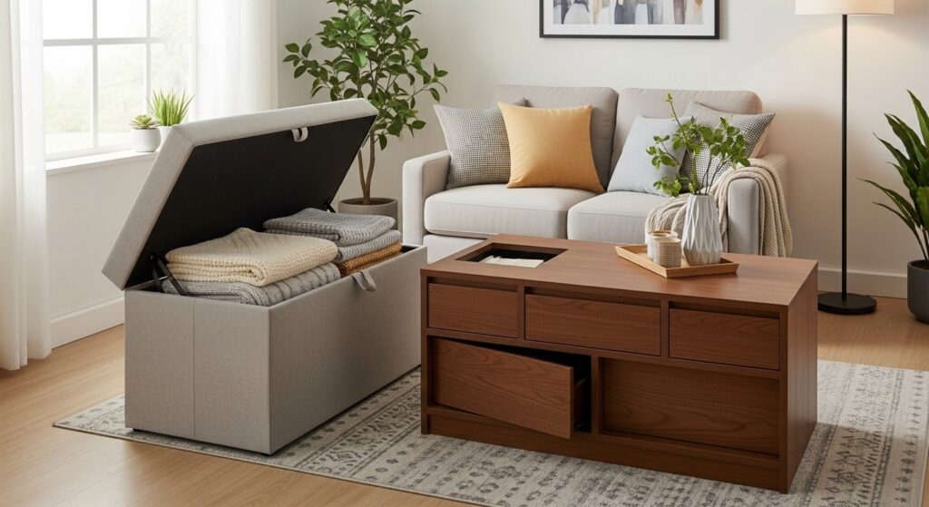 storage ottoman used as coffee table in a small living room design