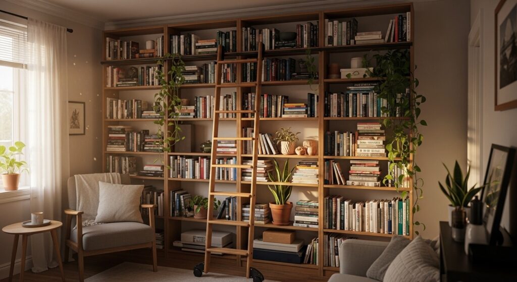 floor-to-ceiling floating shelves used for vertical storage in a small living room