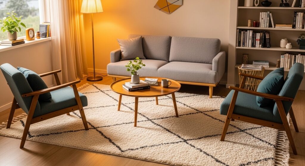 area rug anchoring seating zone in a compact living room layout