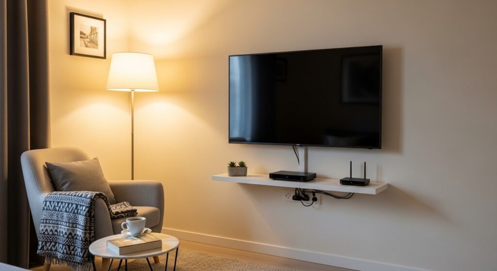 wall mounted TV with floating shelf in a small living room saving floor space
