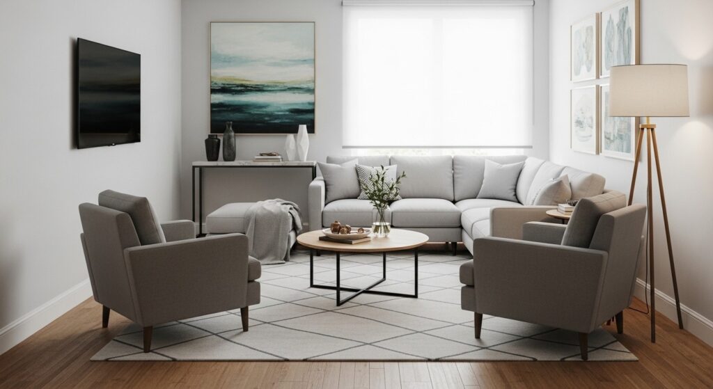 oversized sofa overwhelming a small living room showing what furniture to avoid