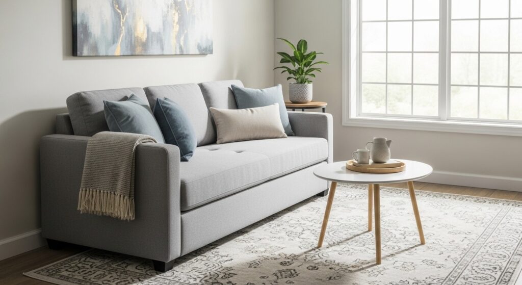 compact sofa with raised legs as best furniture for small living rooms