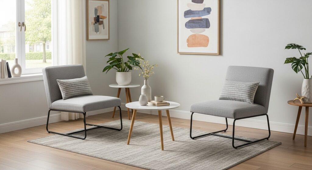 slim accent chair and pouf as flexible seating options in a compact living room