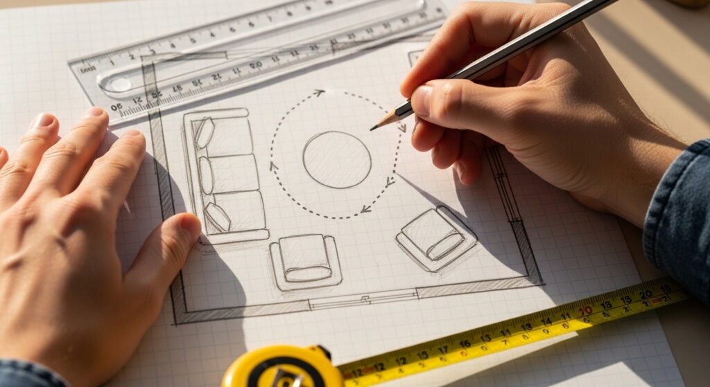 furniture arrangement in a small living room with clear walkways and focal point