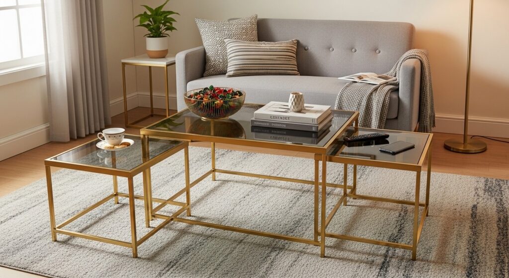 nesting tables and storage ottoman as coffee table alternatives in tiny spaces