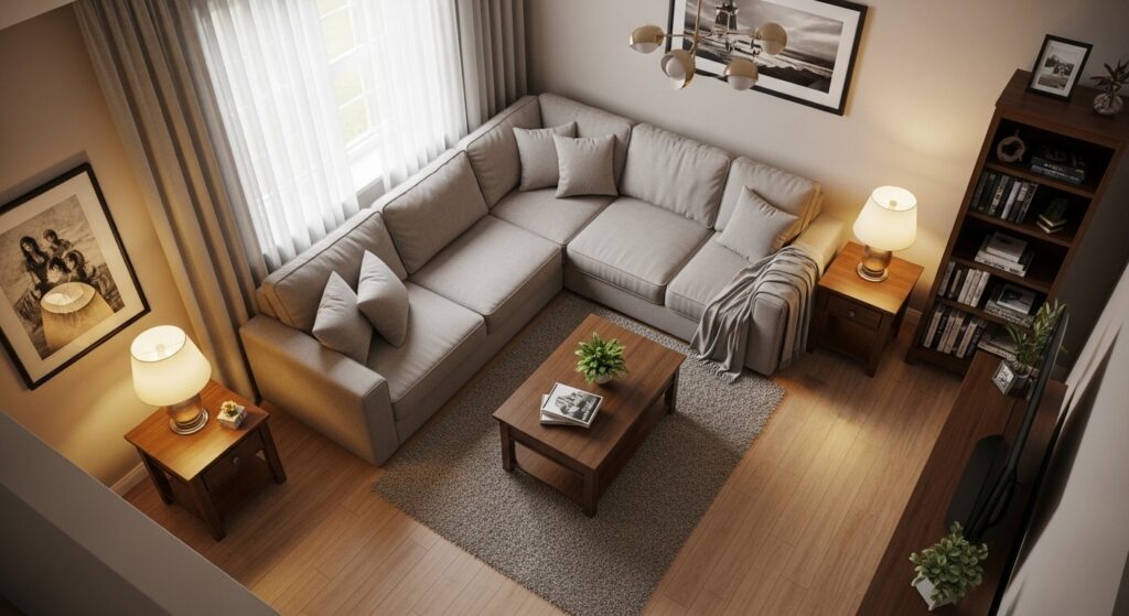 measuring a small living room floor plan on grid paper before arranging furniture
