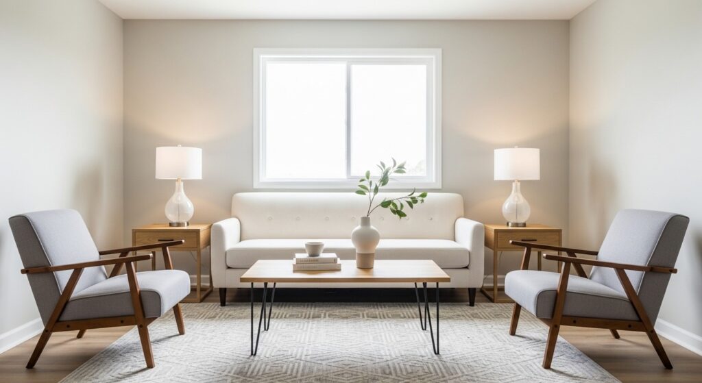 L-shape furniture arrangement in a small living room with sofa and chairs
