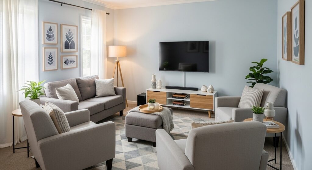 corner conversation furniture arrangement in a compact living room
