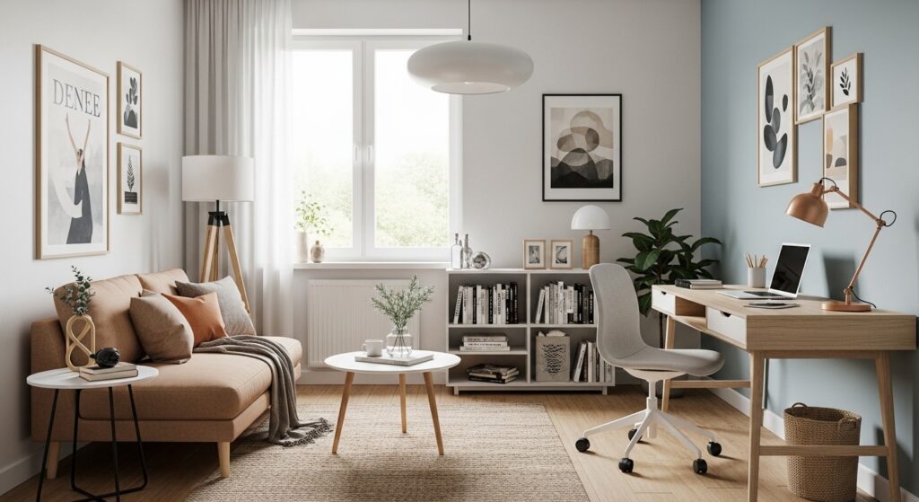 TV-focused small living room layout with wall mounted screen and seating arrangement