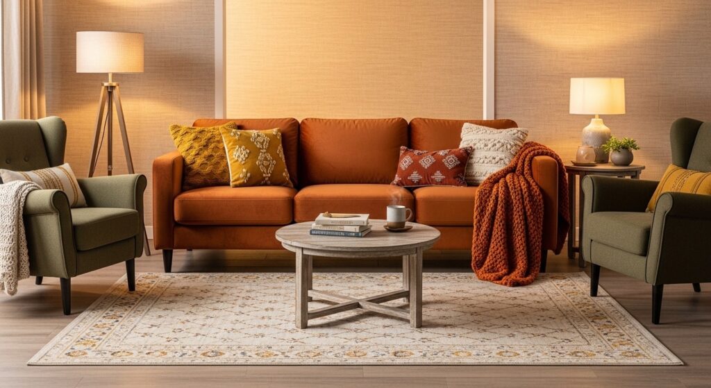 floating furniture layout with sofa pulled away from wall in a small living room