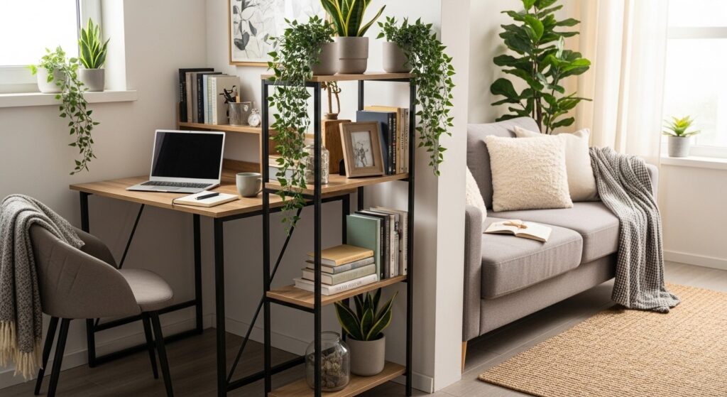 work from home small living room layout with desk zone separated from seating area