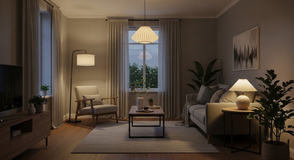 slim arc floor lamp over sofa as best light for a tiny living room
