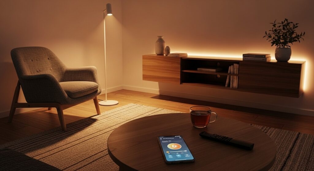 smart LED strip lights behind TV shelf as budget accent lighting for small spaces