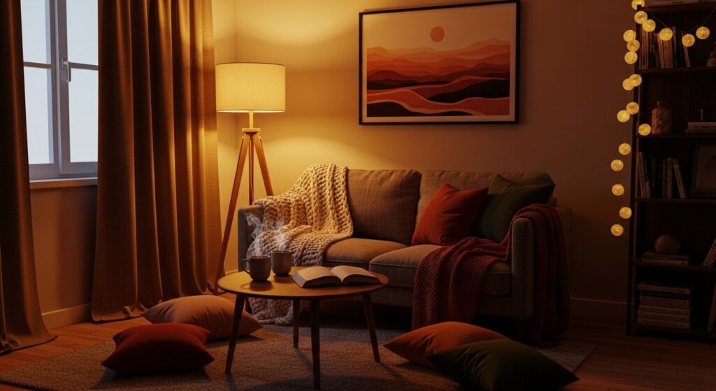 three layers of ambient task and accent lighting in a cozy small living room
