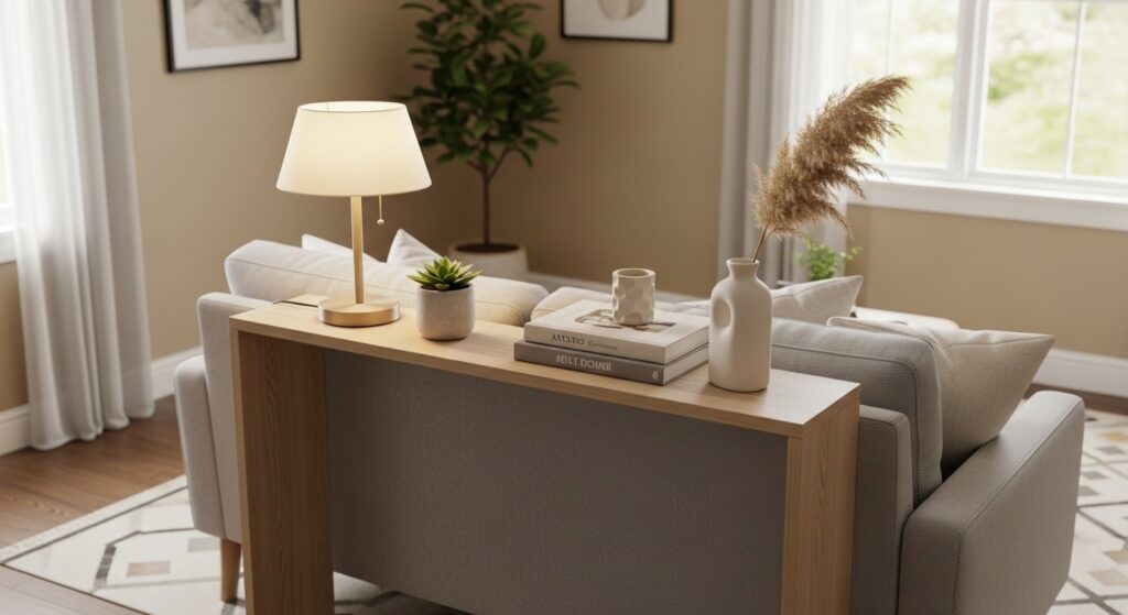 area rug and floor lamp defining a studio apartment living room zone without walls