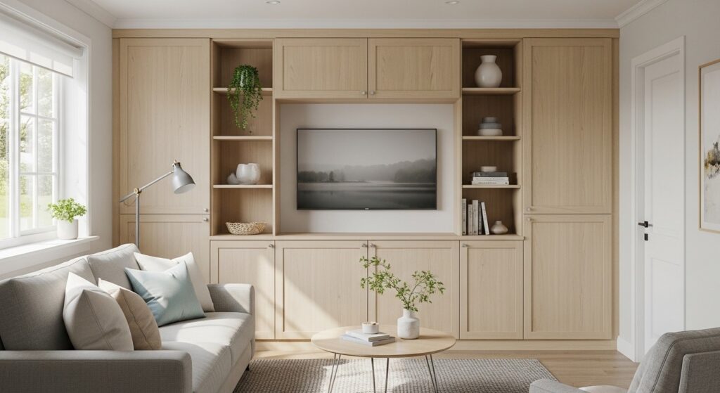 removable wallpaper accent wall and leaning mirror in a renter-friendly living room
