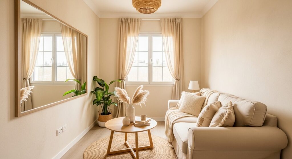 large mirror opposite window and sheer curtains making a small apartment look spacious