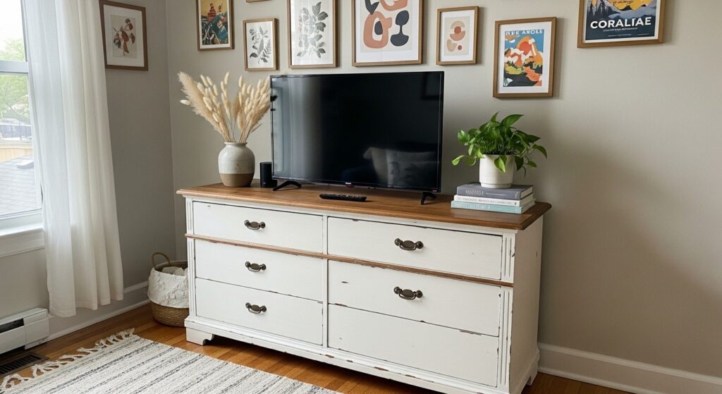 budget renter-friendly living room decor with thrifted furniture and layered lighting