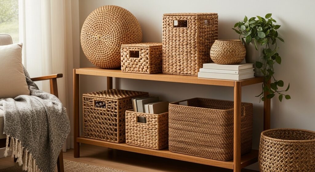 floor to ceiling shelving and ottoman storage in a small apartment living room