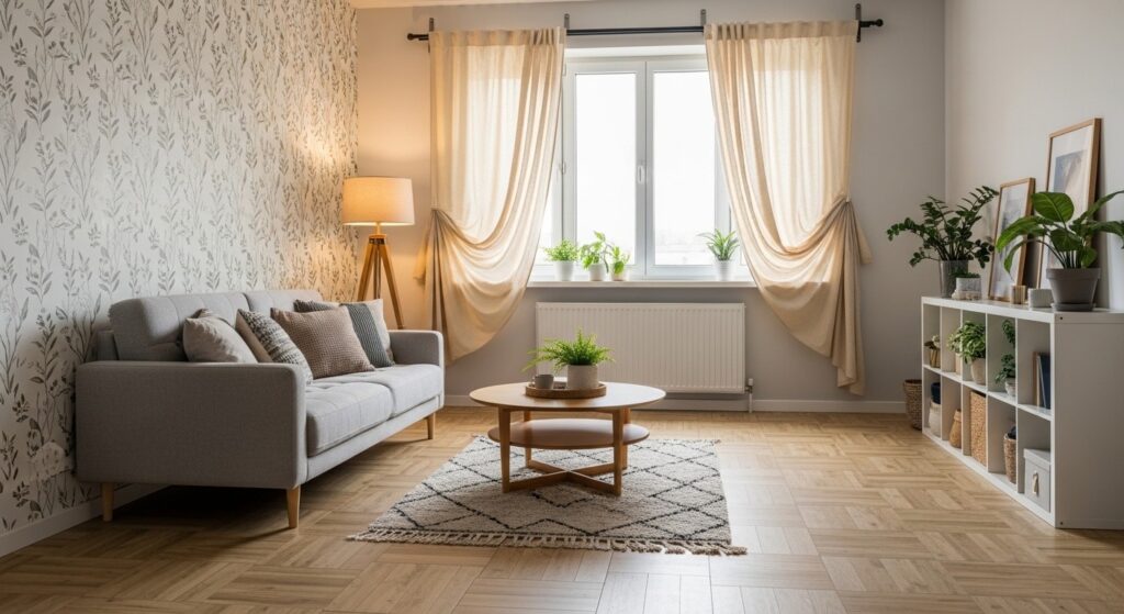 peel and stick wallpaper and temporary floor tiles as rental living room updates