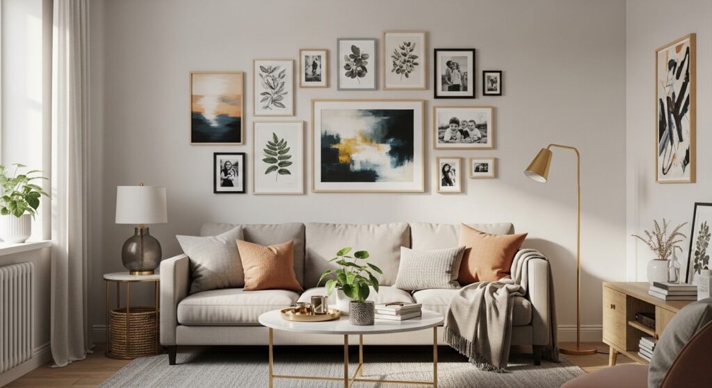 decluttered small living room with only essential items kept and surfaces cleared
