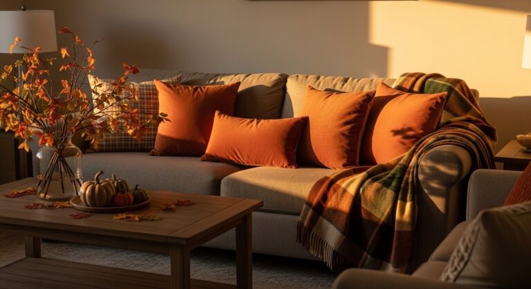 fall living room decor with warm throw pillows and cozy seasonal accents