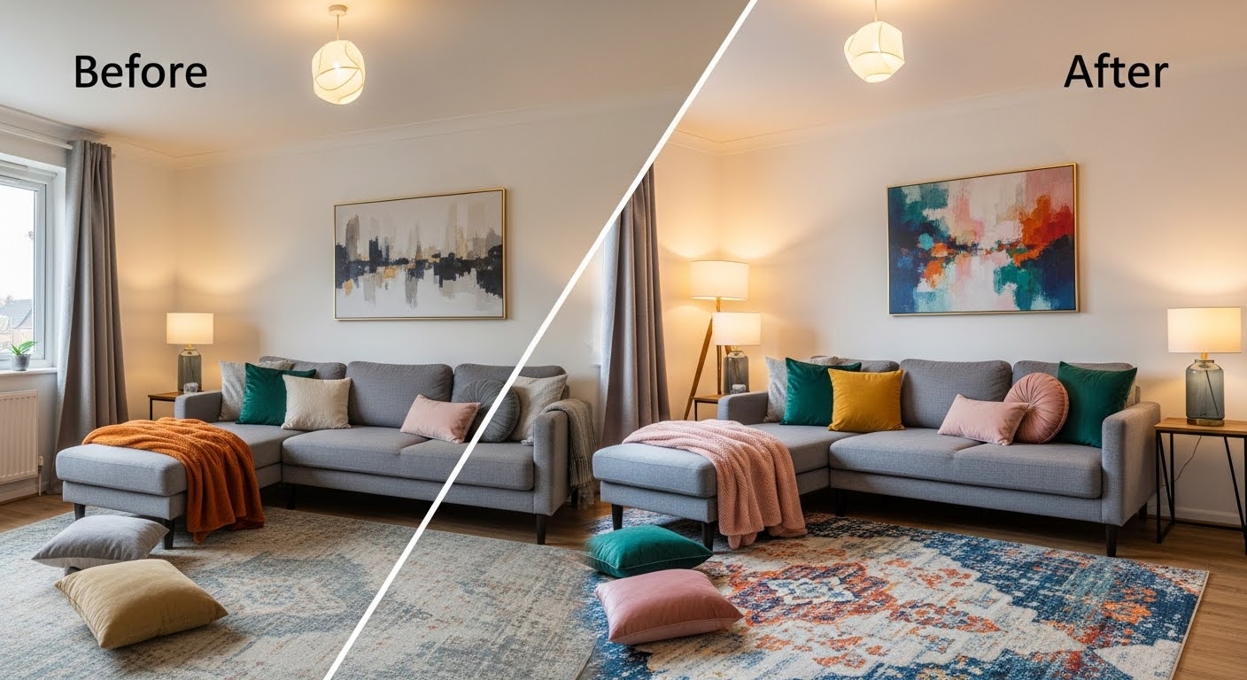 Budget living room makeover with affordable home decor inspiration - neutral sofa with colorful throw pillows and accent wall