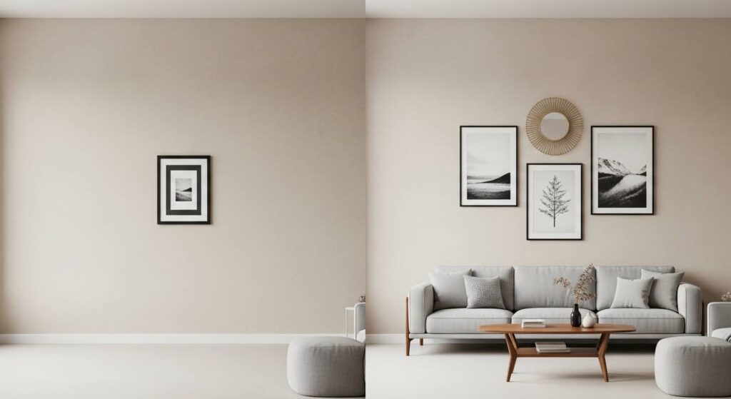 Wall decoration ideas showing correctly scaled art spanning two-thirds width of sofa beneath it