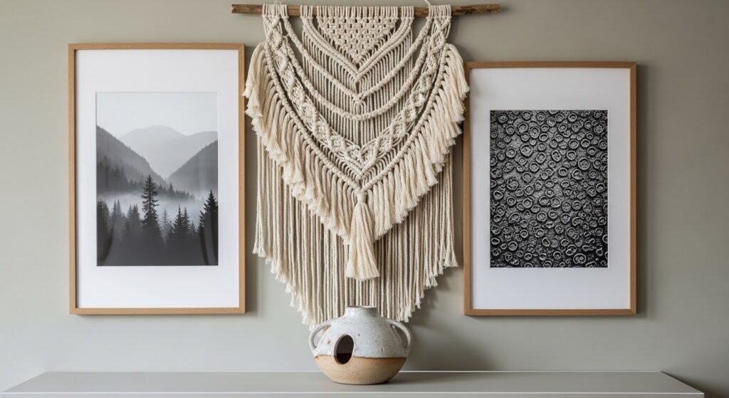 Living room wall decor mixing woven macrame hanging alongside framed photography and ceramic wall objects
