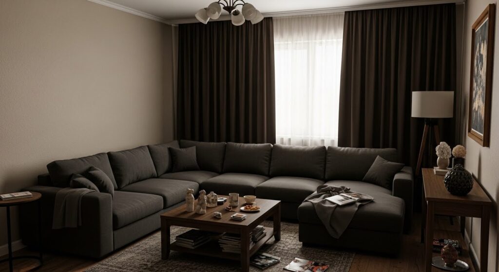 Small living room TV ideas with wall-mounted screen above floating shelf in compact apartment