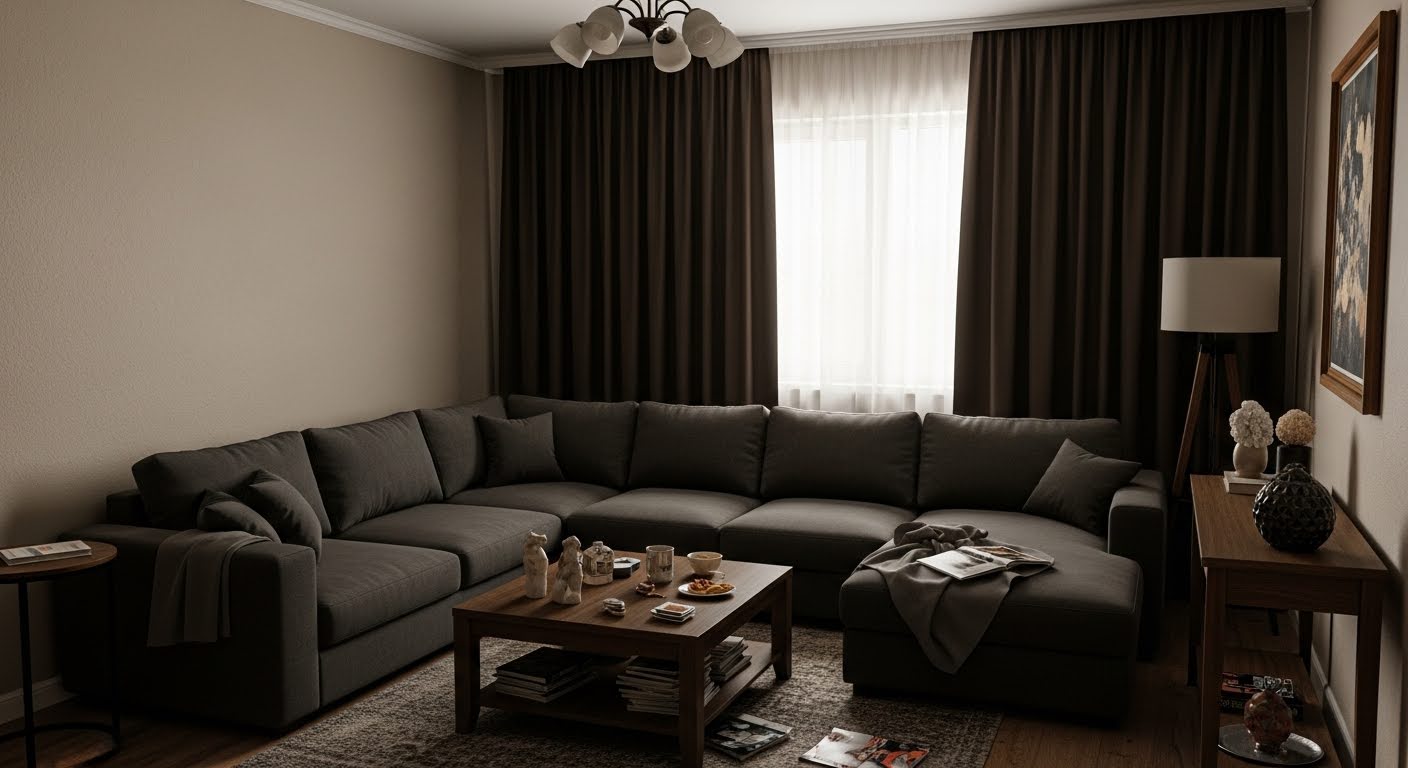 Small living room TV ideas with wall-mounted screen above floating shelf in compact apartment