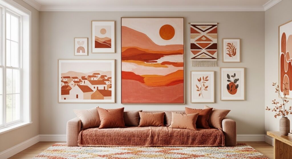 Wall decoration ideas with earth tone living room wall art in terracotta and ochre on neutral background