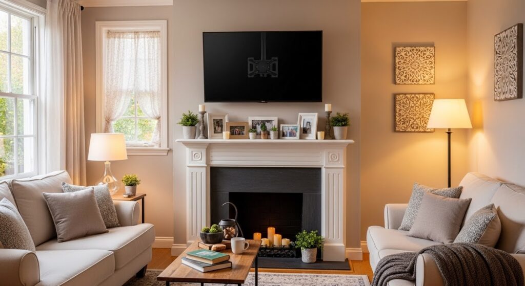 TV mounted above decorative fireplace in compact living room with downward-tilting wall bracket