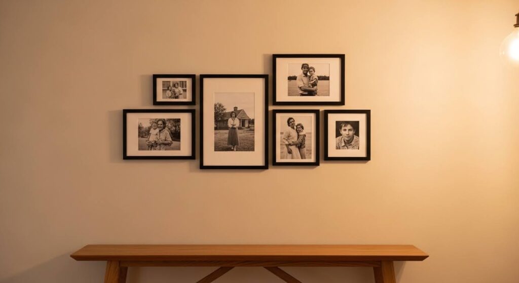 Living room wall art gallery of black and white personal photos in matching matte black frames above sofa