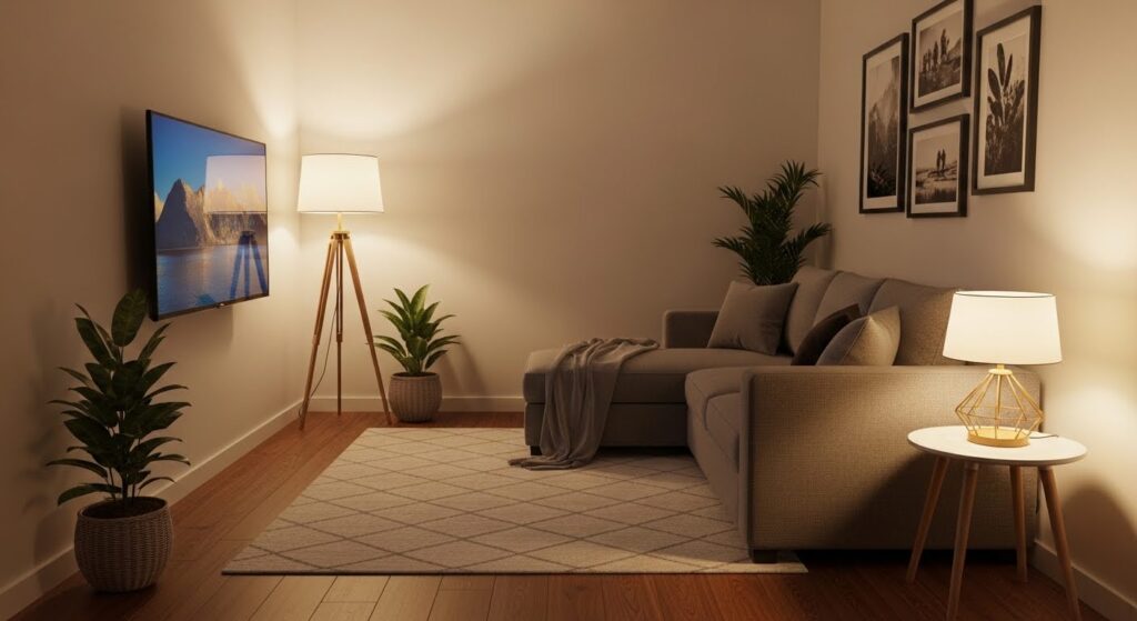 Corner TV placement in small living room with swivel mount and L-shaped sofa arrangement