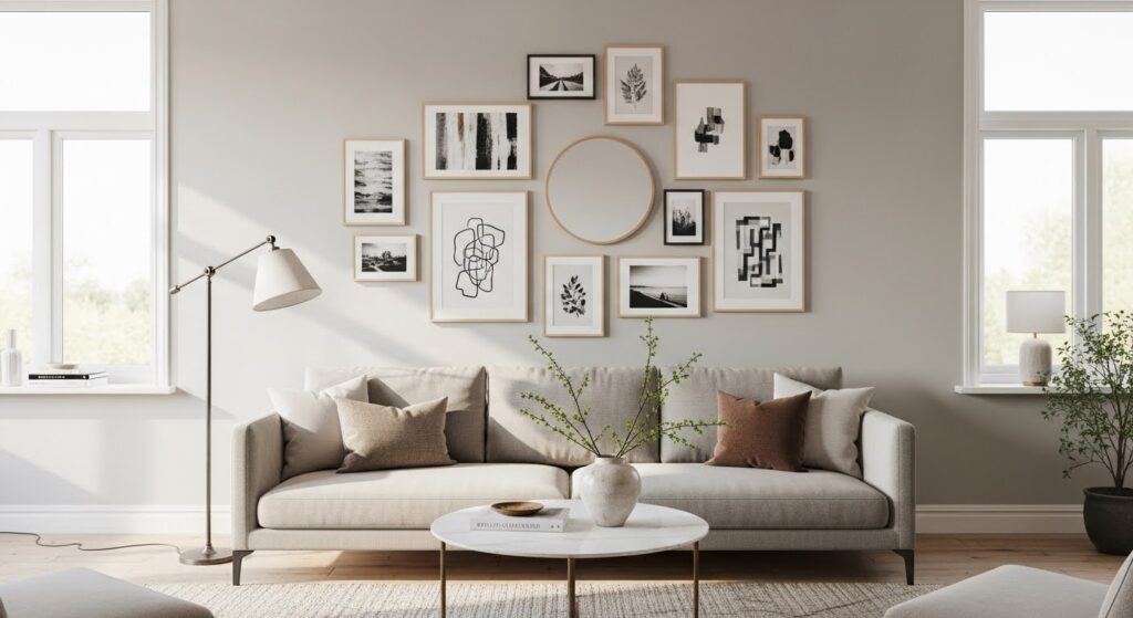 Gallery wall ideas for living room — styled sofa wall with mixed frames, art prints, and personal photos