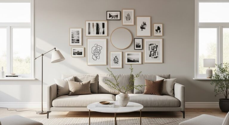 Gallery wall ideas for living room — styled sofa wall with mixed frames, art prints, and personal photos